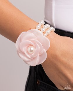 Paparazzi Accessories-Feminine Mystique Pink Tulle White Pearl Bracelet