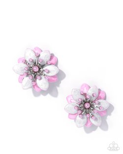 Paparazzi Accessories-Dimensional Dowry Pink Pearlized Floral Earrings