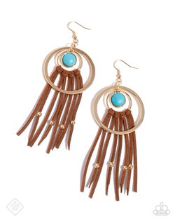 Paparazzi Accessories-Texan Tapestry Gold Frame Turquoise Stone Earrings