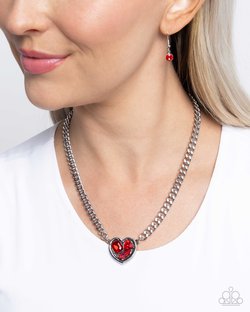 Paparazzi Accessories-Tasteful Triad Red Marquise Trio Heart Necklace Set