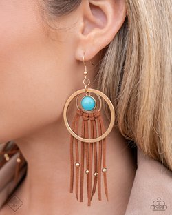 Paparazzi Accessories-Texan Tapestry Gold Frame Turquoise Stone Earrings