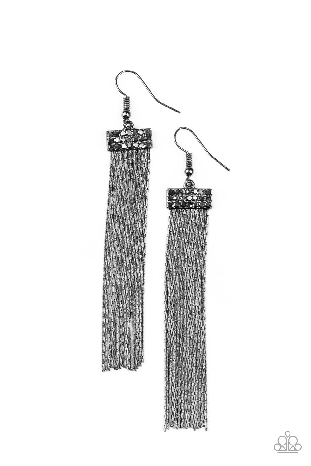 Paparazzi Accessories-Twinkling Tapestry Black Fringe Earrings