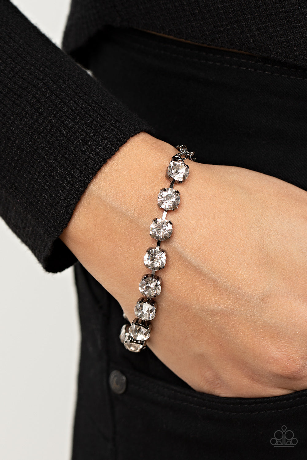 Paparazzi Accessories-A-Lister Afterglow Black Glassy White Rhinestone Bracelet