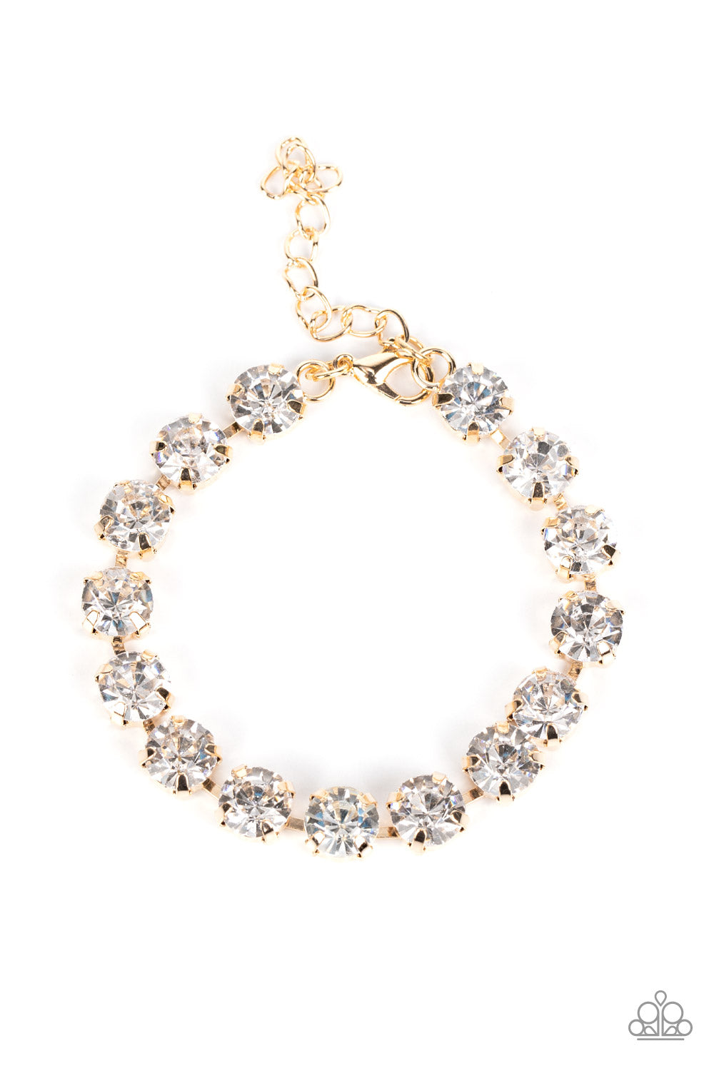 Paparazzi Accessories-A-Lister Afterglow Gold Glassy White Rhinestone Bracelet