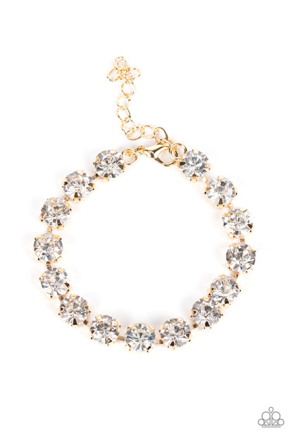 Paparazzi Accessories-A-Lister Afterglow Gold Glassy White Rhinestone Bracelet
