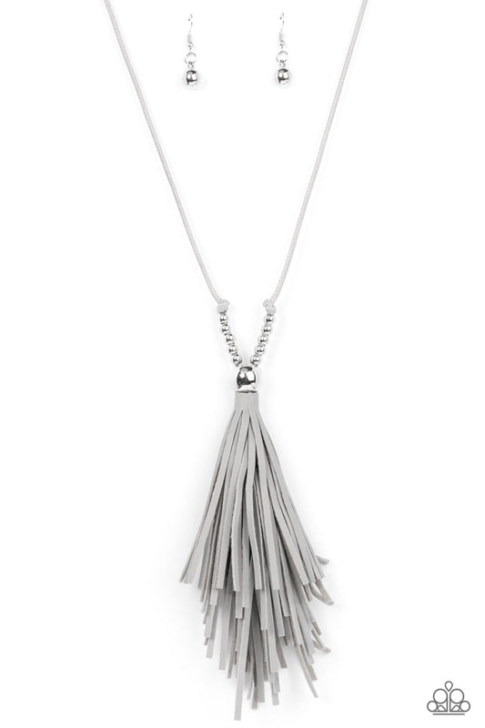 Paparazzi Accessories-A Clean Sweep Gray Leather Tassel Necklace Set