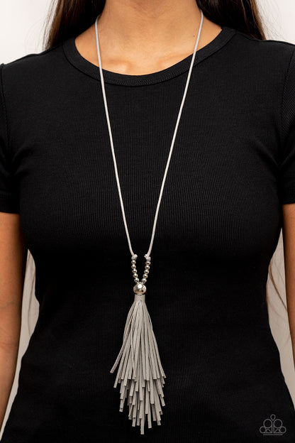 Paparazzi Accessories-A Clean Sweep Gray Leather Tassel Necklace Set