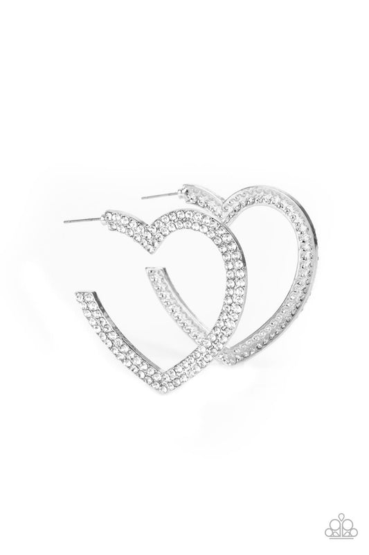 Paparazzi Accessories-AMORE to Love White Rhinestone Heart Hoop Earrings