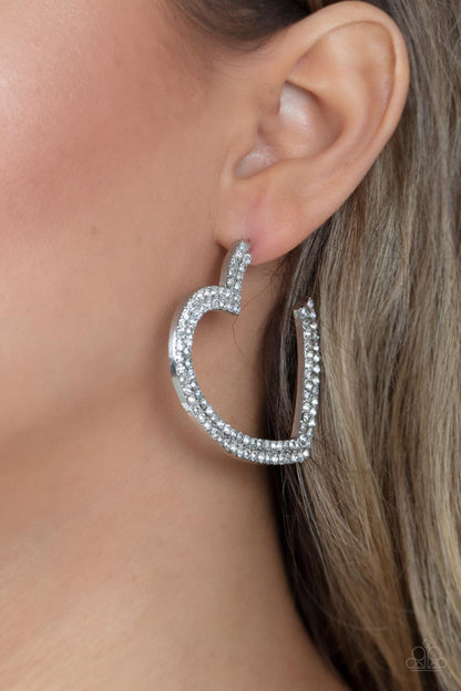 Paparazzi Accessories-AMORE to Love White Rhinestone Heart Hoop Earrings