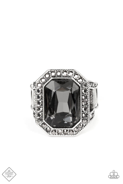 Paparazzi Accessories-A Royal Welcome Oversized FF Hematite Rhinestone Ring