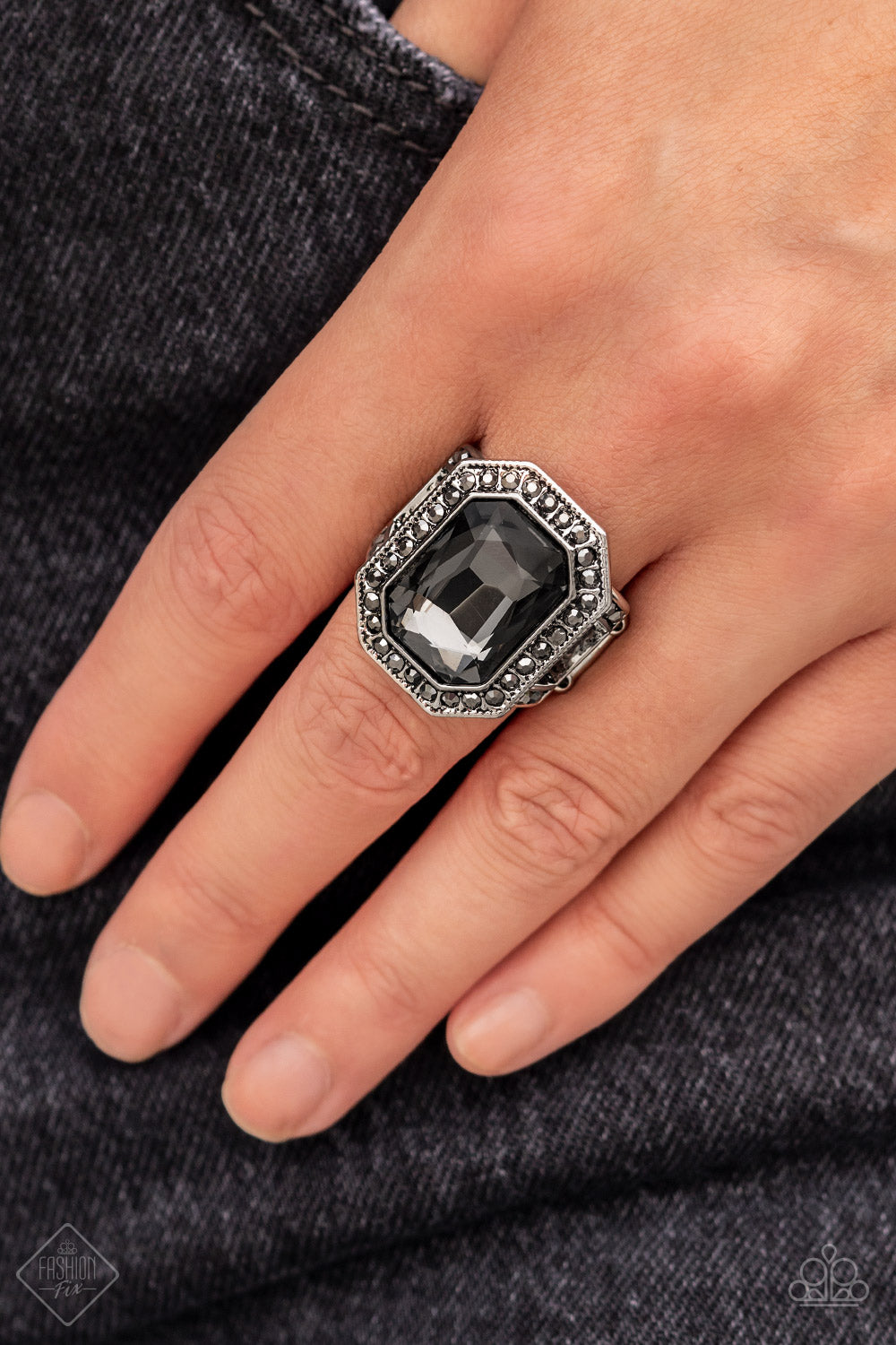 Paparazzi Accessories-A Royal Welcome Oversized FF Hematite Rhinestone Ring