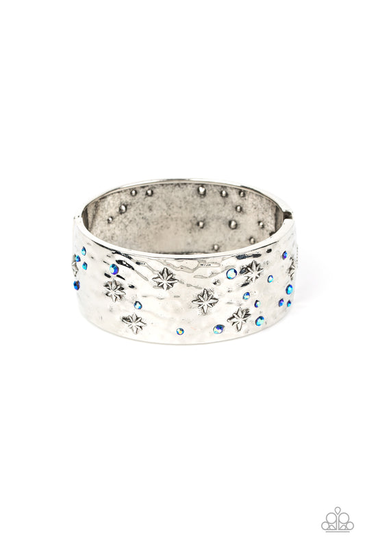 Paparazzi Accessories-Across The Constellations Blue Iridescent Sliver Star Bangle Bracelet