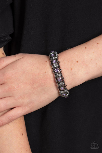 Paparazzi Accessories-Ageless Glow Purple Floral Rhinestone Bracelet