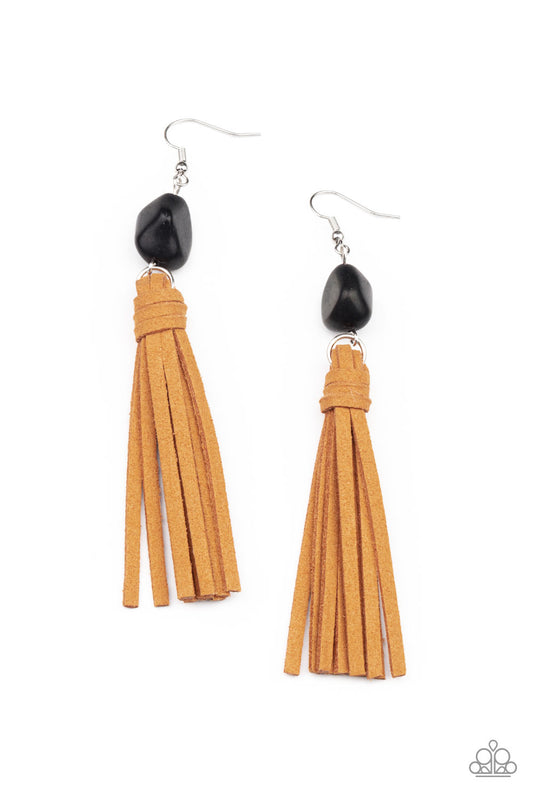 Paparazzi Accessories-All Natural Allure Black Brown Suede Tassel Earrings