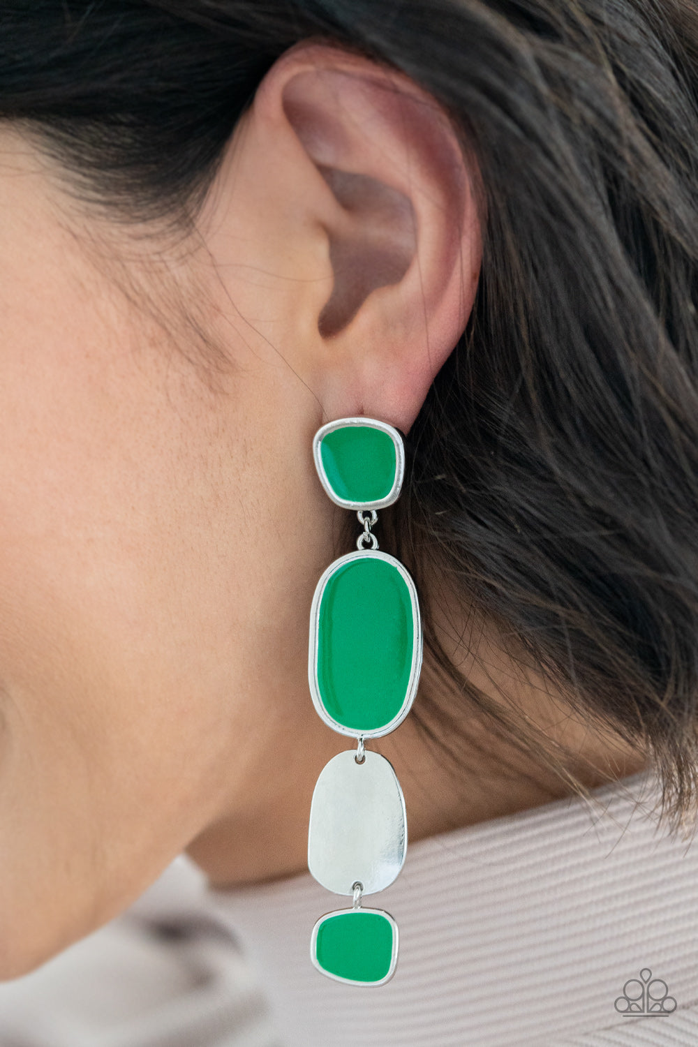 Paparazzi Accessories-All Out Allure Green Asymmetrical Earrings