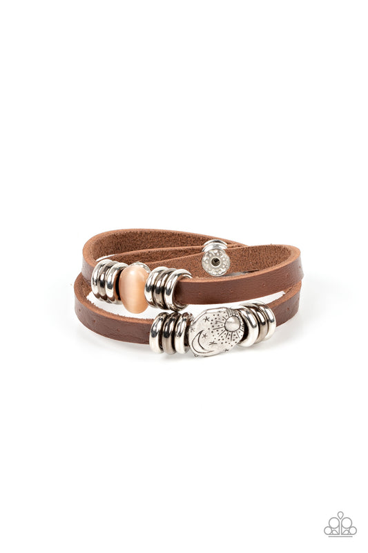 Paparazzi Accessories-All Willy-Nilly Orange Cat's Eye Brown Leather Bracelet