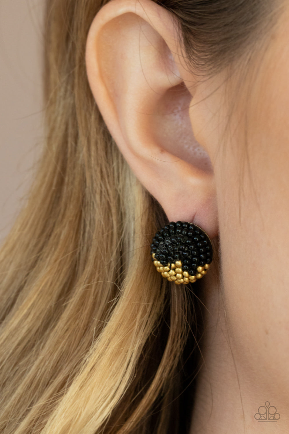 Paparazzi Accessories-As Happy As Can Bead Black and Brassy Earrings