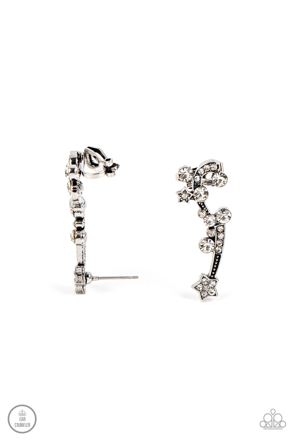 Paparazzi Accessories-Astral Anthem White Rhinestone Ear Crawler Earrings