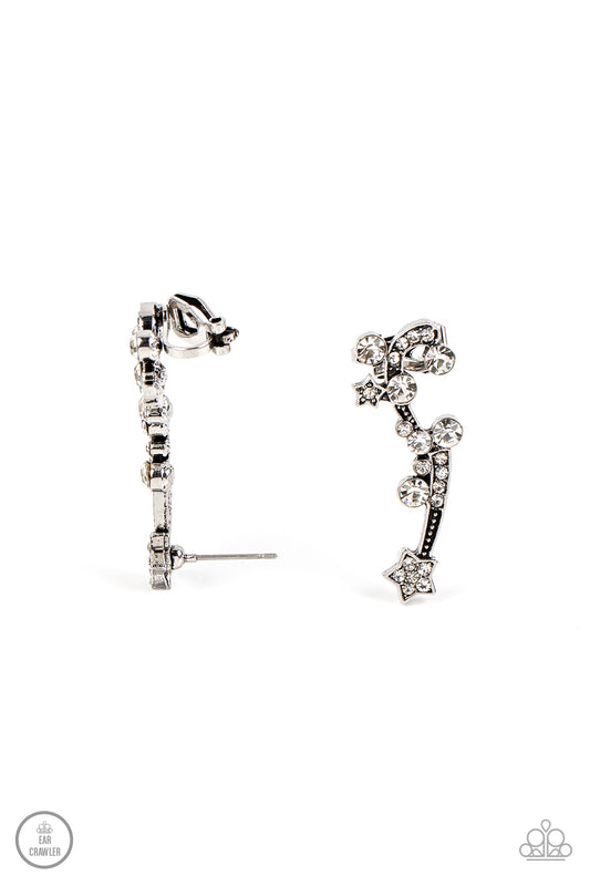 Paparazzi Accessories-Astral Anthem White Rhinestone Ear Crawler Earrings