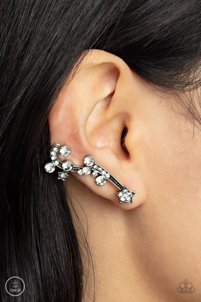 Paparazzi Accessories-Astral Anthem White Rhinestone Ear Crawler Earrings