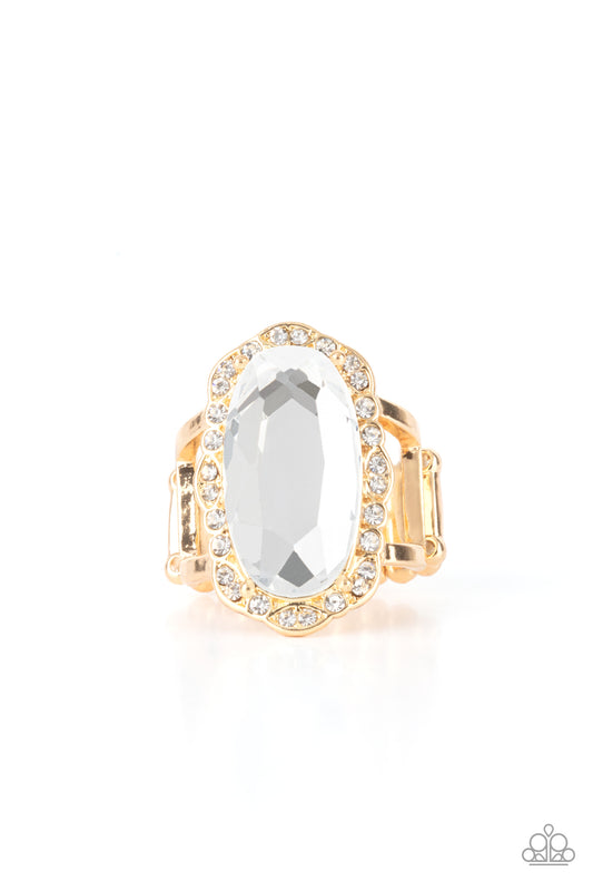 Paparazzi Accessories- BLING to Heel Gold Oversize White Rhinestone Ring