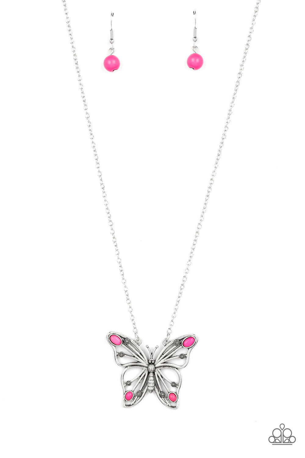 Paparazzi Accessories-Badlands Butterfly Pink Oval Silver Necklace Set