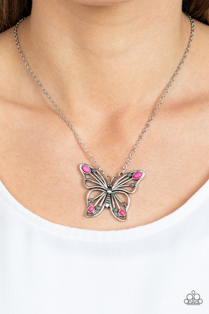 Paparazzi Accessories-Badlands Butterfly Pink Oval Silver Necklace Set