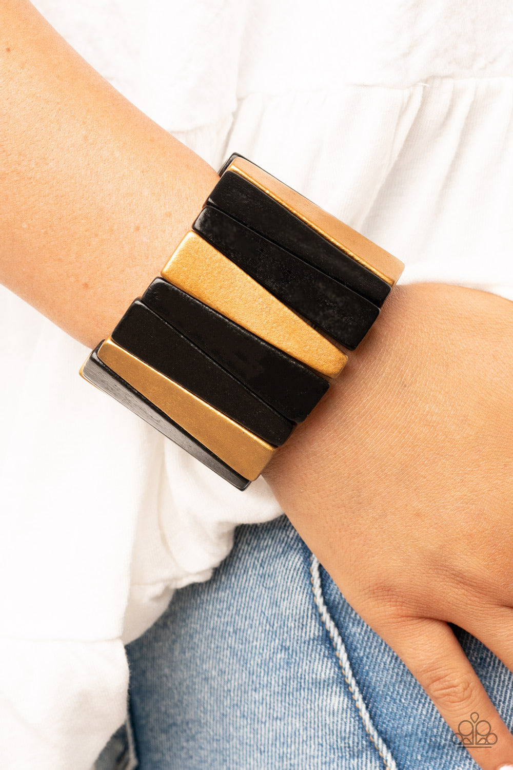 Paparazzi Accessories-Bahama Boardwalk Black Brassy Gold Wooden Bracelet