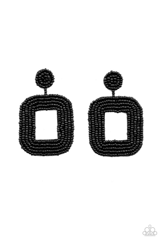 Paparazzi Accessories-Beaded Bella Black Square Earrings