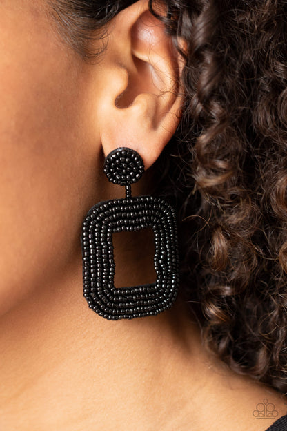 Paparazzi Accessories-Beaded Bella Black Square Earrings