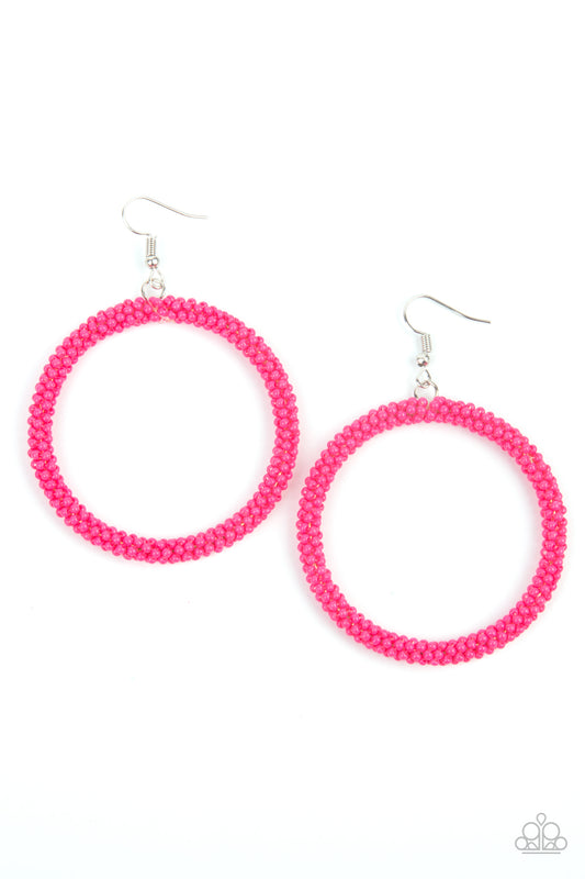 Paparazzi Accessories-Beauty and the BEACH Pink Seed Bead Hoop Earrings