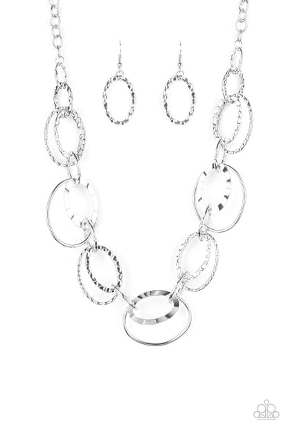 Paparazzi Accessories-Bend OVAL Backwards Silver Hammered Hoop Necklace Set