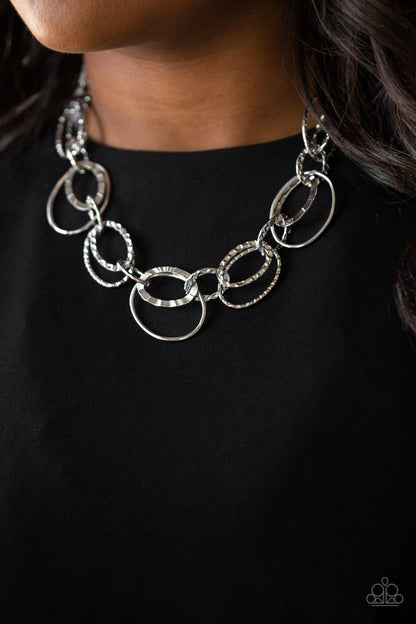 Paparazzi Accessories-Bend OVAL Backwards Silver Hammered Hoop Necklace Set