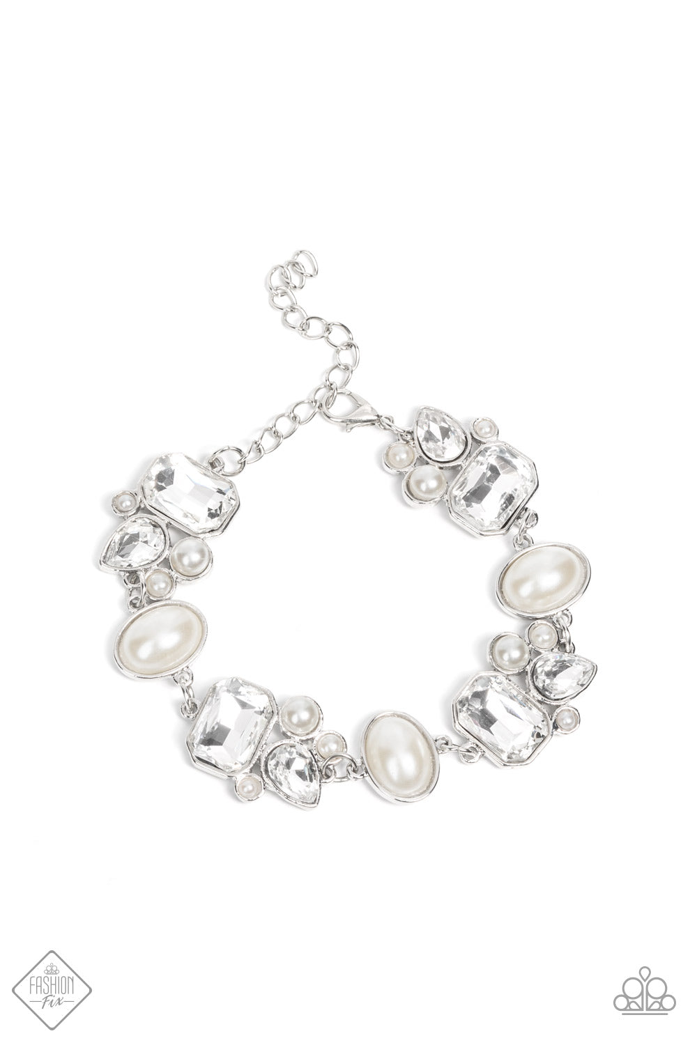 Paparazzi Accessories-Best In SHOWSTOPPING Emerald Cut Teardrop Pearl and White Rhinestone Bracelet