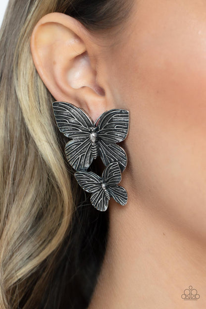 Paparazzi Accessories-Blushing Butterflies Silver Veined Rustic Earrings