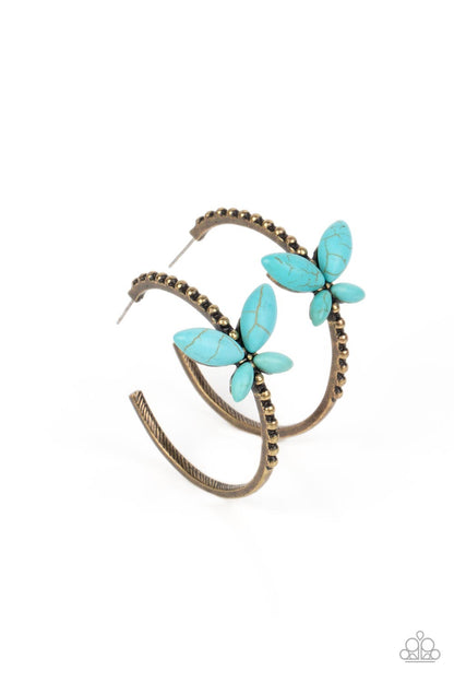 Paparazzi Accessories-Bohemian Butterfly Brass Hoop Turquoise Stone Earring