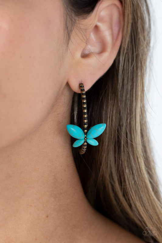 Paparazzi Accessories-Bohemian Butterfly Brass Hoop Turquoise Stone Earring