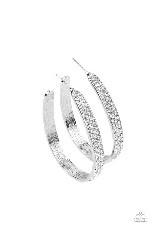 Paparazzi Accessories-Bossy and Glossy White Rhinestone Silver Hoop Earrings