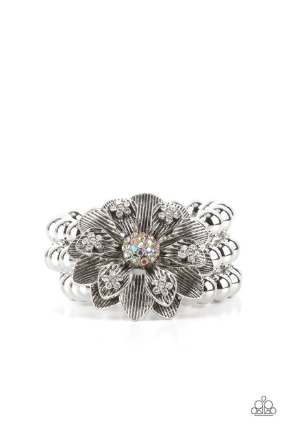 Paparazzi Accessories-Botanical Bravado Oversized Iridescent Silver Petal Bracelet