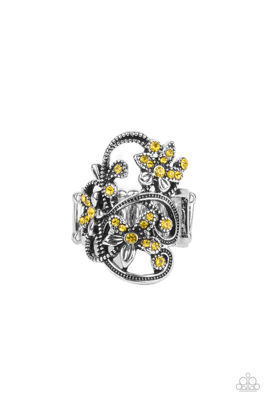 Paparazzi Accessories-Bouquet Toss Yellow Floral Rhinestone Ring