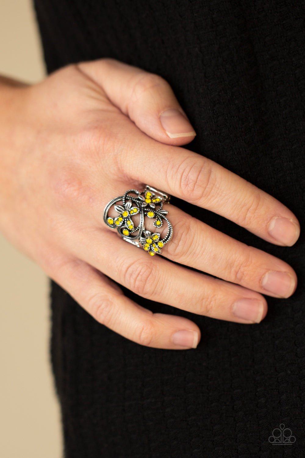 Paparazzi Accessories-Bouquet Toss Yellow Floral Rhinestone Ring