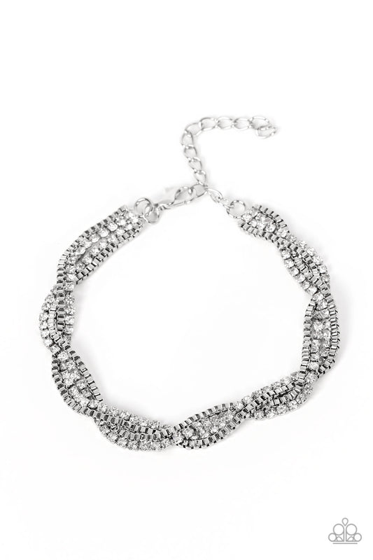 Paparazzi Accessories-Box Office Bling White Rhinestone Weave Bracelet