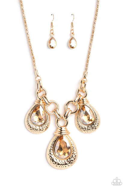 Paparazzi Accessories-Built Beacon Gold Trio Teardrop Necklace Set