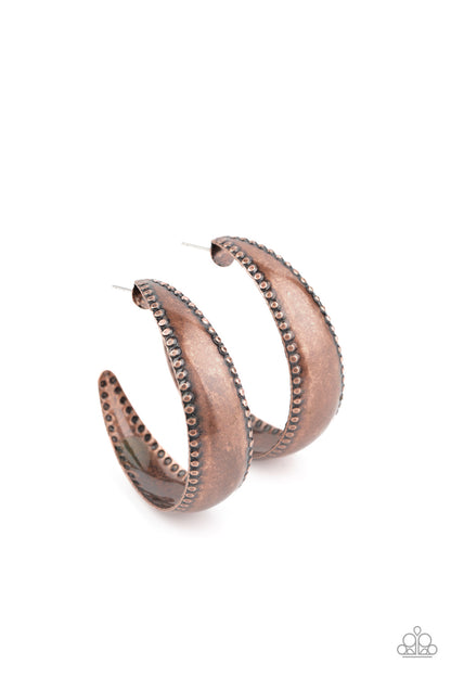 Paparazzi Accessories-Burnished Benevolence Copper Hoop Earrings