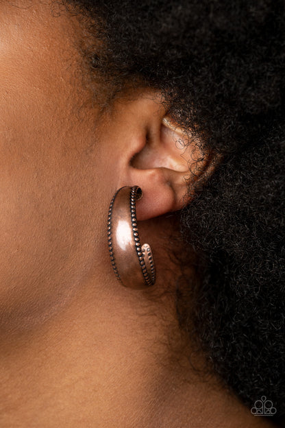 Paparazzi Accessories-Burnished Benevolence Copper Hoop Earrings