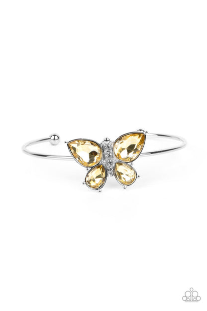 Paparazzi Accessories-Butterfly Beatitude Yellow Rhinestone Wing Bracelet