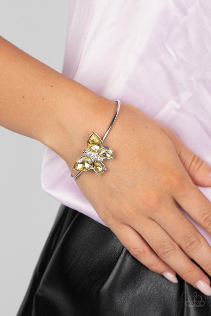 Paparazzi Accessories-Butterfly Beatitude Yellow Rhinestone Wing Bracelet