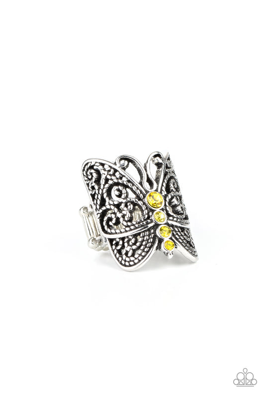 Paparazzi Accessories-Butterfly Bling Yellow Glittery Rhinestone Ring