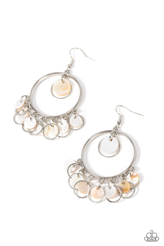 Paparazzi Accessories-Cabana Charm White Shell Discs Silver Hoop Earrings