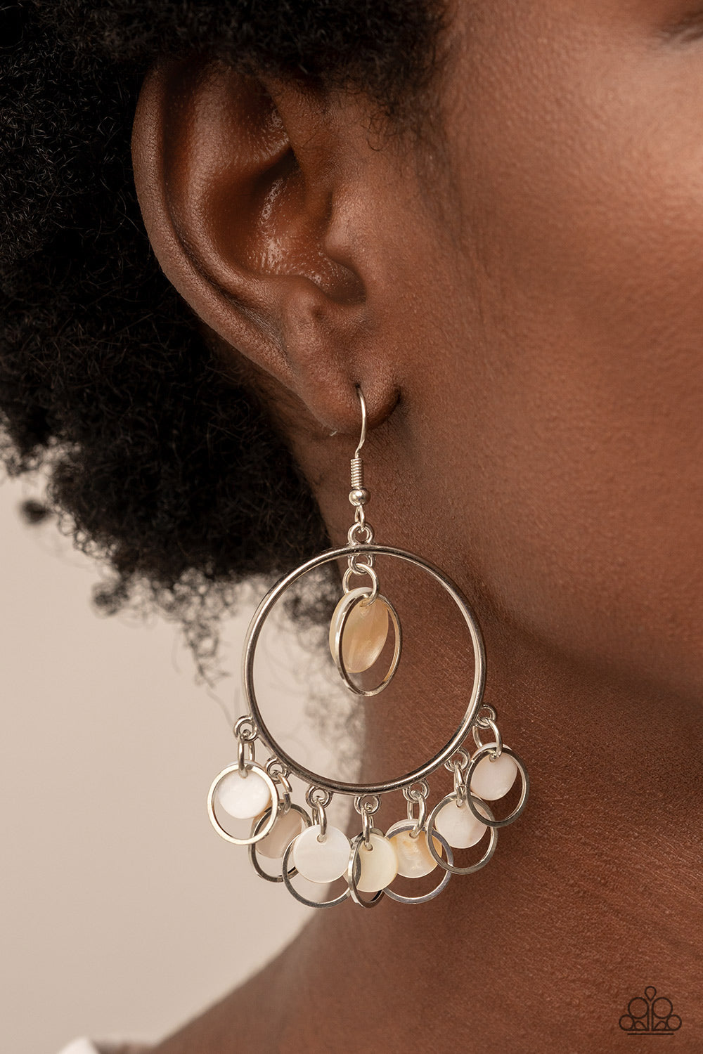 Paparazzi Accessories-Cabana Charm White Shell Discs Silver Hoop Earrings